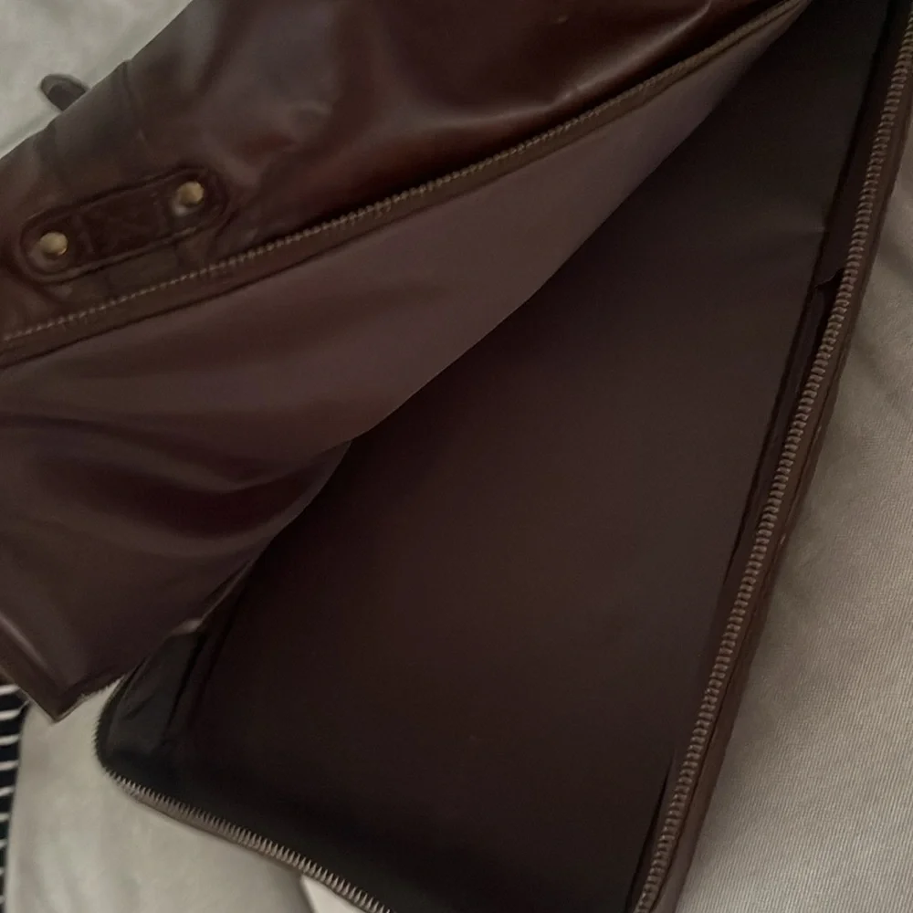 Pottery Barn Grant Dark Brown Leather Duffel Bag with Top Handles.